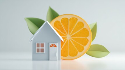 Eco-friendly home concept with a fresh orange slice and green leaves representing sustainable living solutions.