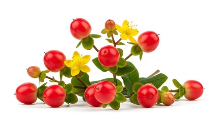 Vibrant red berries and yellow flowers on white background