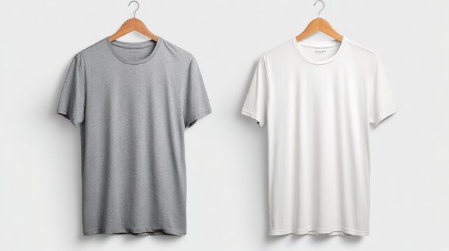 Clean grey marl and white blank t-shirts displayed on wooden hangers against a simple white background