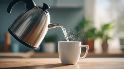 Pouring hot water from a gleaming stainless steel kettle into a crisp white mug in a bright kitchen setting.
