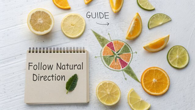 Colorful Citrus Fruit Arrangement with Compass and Notepad Illustrating Natural Direction Concept on Wooden Background