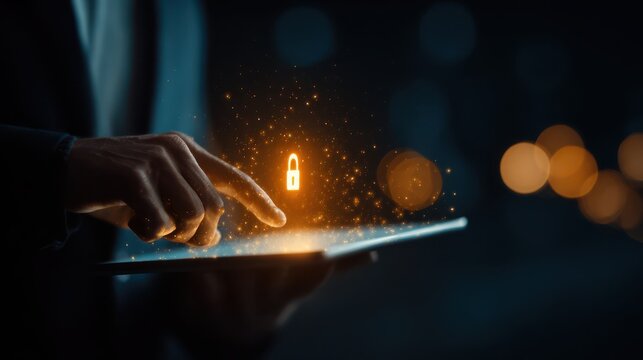 Digital security concept: hand touches glowing padlock on tablet, symbolizing cyber security, data protection and privacy.