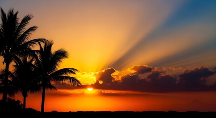 Vibrant tropical sunset with dramatic sun rays breaking through clouds, illuminating the horizon behind silhouetted palm trees