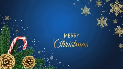 Merry christmas greeting card with festive decorations on blue background