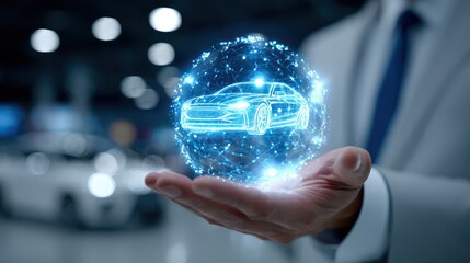Digital car hologram in hand, symbolizing smart automotive technology, future mobility, and vehicle innovation.