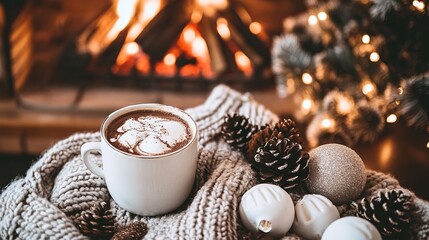 A cozy fireplace with a cup of hot chocolate and holiday decorations surrounding it .