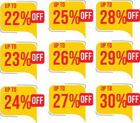 Sale Discount Offer Labels promotion yellow percentage 22 23 24 25 26 27 28 29 30 marketing advertising retail commerce price bargain