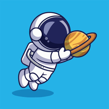 Vector an astronaut in a white suit floating in space holding a planet with a ring around it gently
