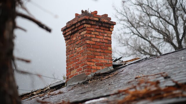 Weathered brick chimney on an old shingle roof during a gloomy winter day with bare trees and light snowfall