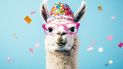 Obraz premium A festive llama with pink glasses, wearing a cap with colored confetti on top, smiling. .