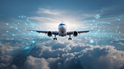 Commercial airplane flying above clouds with digital network, symbolizing global travel and technological connection