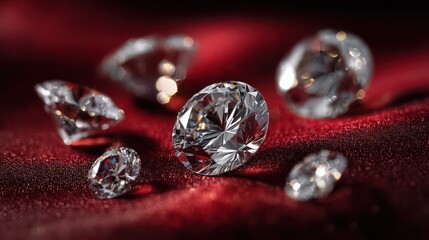 Brilliant faceted diamonds sparkling on a rich red velvet surface, highlighting luxury and elegance, precious