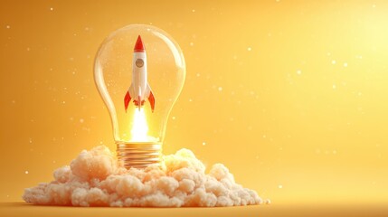 Rocket launching from a light bulb with smoke on a vibrant yellow background, symbolizing new ideas, innovation.