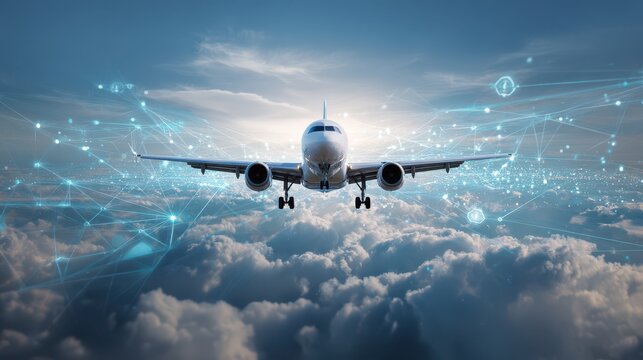 Commercial airplane flying above clouds with digital network, symbolizing global travel and technological connection - Powered by Adobe