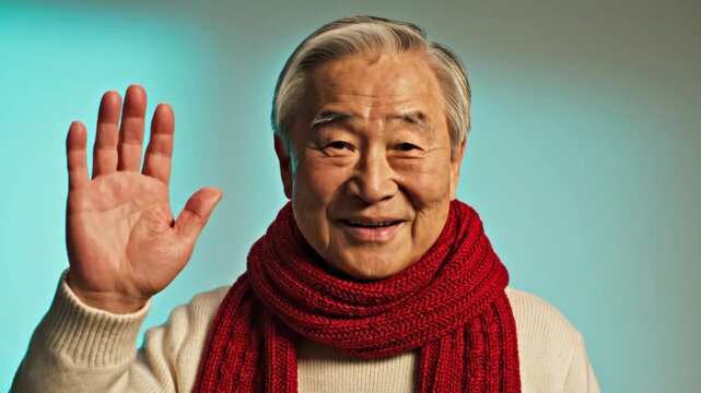 Friendly elderly Asian man smiling and waving at camera. Senior person in red winter scarf making greeting gesture. Close-up studio portrait