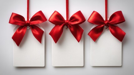 Blank white gift tags with elegant red satin bows hanging on a light background, perfect for holidays, sales, and promotions.