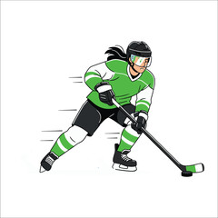 Fototapeta premium Female hockey player in green uniform skates with puck Keywords: hockey, ice hockey, player