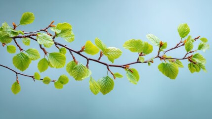 Fresh green leaves on a young branch against a subtle blue backdrop, symbolizing new beginnings and springtime.