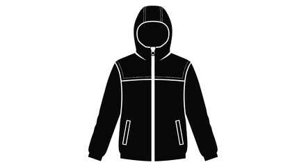 A striking black and white illustration of a hooded jacket showcasing its design silhouette