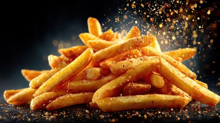 Crispy golden french fries with savory seasoning sprinkling dynamically, fresh, hot, and delicious snack meal