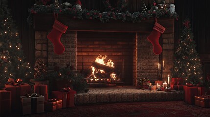 Fireplace setting with stockings, presents, and a cozy ambiance .