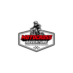 Hand Drawn Motorcross Adventure Club Logo Badge. Dynamic black silhouette vector logo of motocross rider jumping dirt bike with dramatic dirt spray action