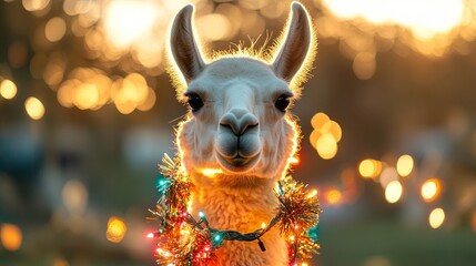 Obraz premium A llama with tinsel and warm-toned lights hanging from its neck in a festive pasture. .