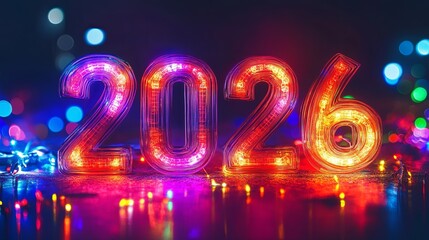Cyberpunk New Year with vibrant neon lights and advanced technology .