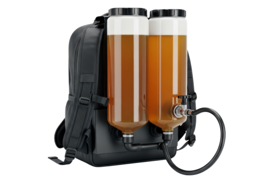 Dual tank backpack drink dispenser for serving draft beer on a transparent background