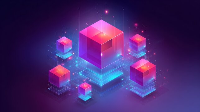 Abstract futuristic network of glowing isometric cubes illustrating data flow, blockchain, and digital technology concepts. - Powered by Adobe