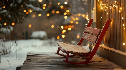 Vintage sled leaning on a porch covered in twinkling lights .