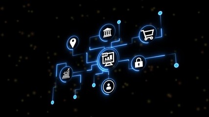 A vibrant cyan neon artwork showcases interconnected business like location, partnership, shopping, security, teamwork, and growth, all set against...