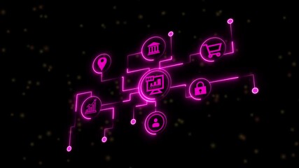 A vibrant cyan neon artwork showcases interconnected business elements like location, partnership, shopping, security, , and growth, all set against...