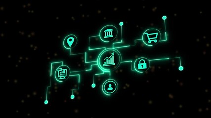 A glowing neon depicts a network of interconnected business concepts, including growth, location, security, teamwork, and ecommerce,...