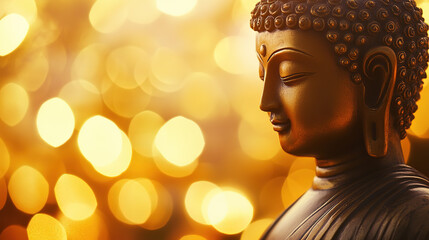 A majestic golden Buddha statue in horizontal layout banner with copy space, generative ai