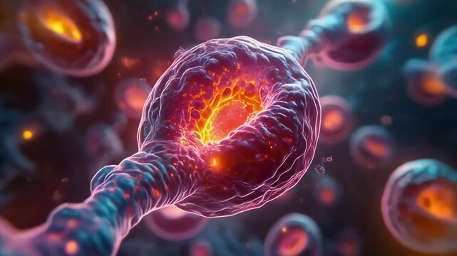 細胞分裂の力強いエネルギーが広がる微視的シーン