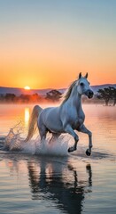 Majestic White Horse Galloping Through Water at Sunset.