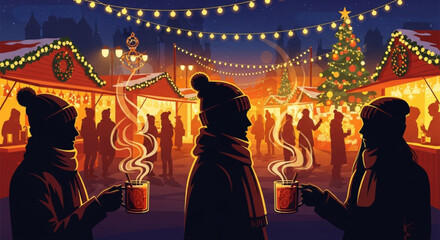 Obraz premium Three silhouetted figures enjoying hot steaming drinks at a winter market.