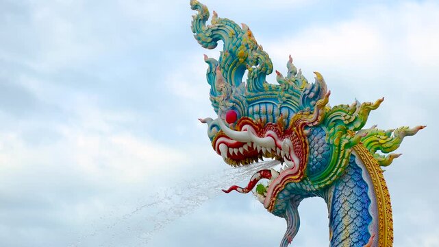 Naga statue spraying water at a Thai temple, showcasing intricate traditional Thai art and sacred Southeast Asian culture