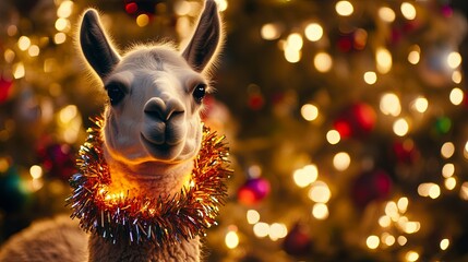 Obraz premium A llama with tinsel and warm-toned lights hanging from its neck in a festive pasture. .