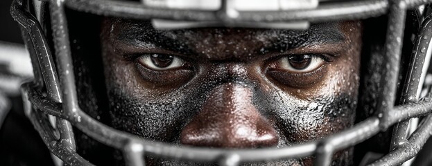 Black man athlete in football helmet showing intense focus during game