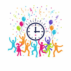 New Years Eve Celebration with Clock Confetti and People.