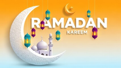Obraz premium Ramadan kareem greeting with crescent moon, mosque, and festive lanterns