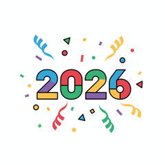 Colorful 2026 New Year celebration text with confetti vector illustration.