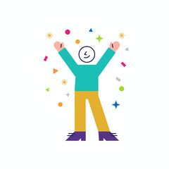 Cheerful Person Celebrating Success with Arms Raised Amidst Colorful Confetti.