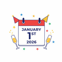 New Years Day 2026 celebration icon with calendar and champagne.