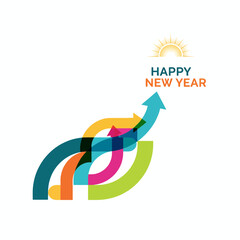 Happy New Year with Colorful Arrows and Sun.