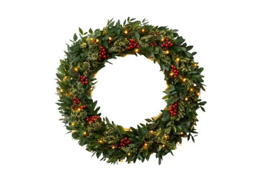 Festive holiday wreath adorned with eucalyptus leaves, red berries, and warm twinkling lights, isolated on a transparent background