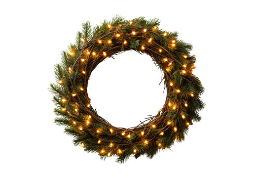 Rustic pine wreath wrapped with warm glowing string lights on natural grapevine base, isolated on a transparent background