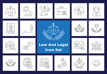 Outline Law and Justice Line Icons. Scales, Gavel, Verdict, Agreement, and Legal Procedure Thin Stroke Vectors for Judiciary Concepts.